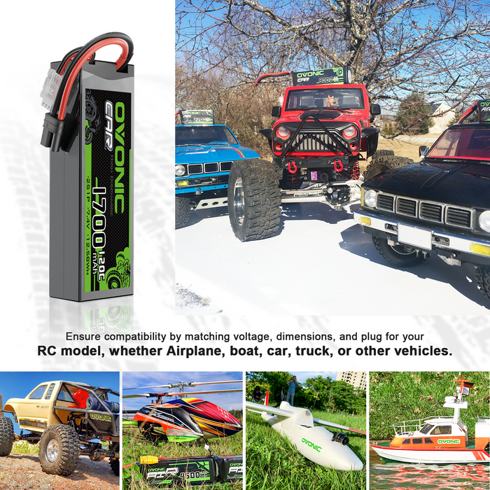 2x OVONIC 1700mAh 120C 7.4V Lipo Battery with IEC Plug for 2S RC Vehicle 1/10 Scale RC Car Truck