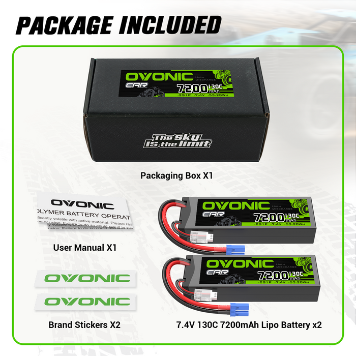 2x OVONIC 2S 7200mAh 130C Hardcase 7.4V Lipo Battery with EC5 Plug for 1/10 scale Vehicles Car RC Truck