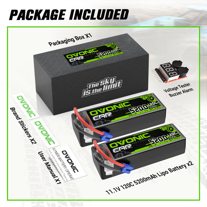 2x OVONIC 3S LiPo Battery 11.1V 5200mAh 120C with EC5 Plug & Lipo Voltage Checker for 1/8 & 1/10 scale RC Cars Trucks Crawlers Buggies Racing RC Hobby