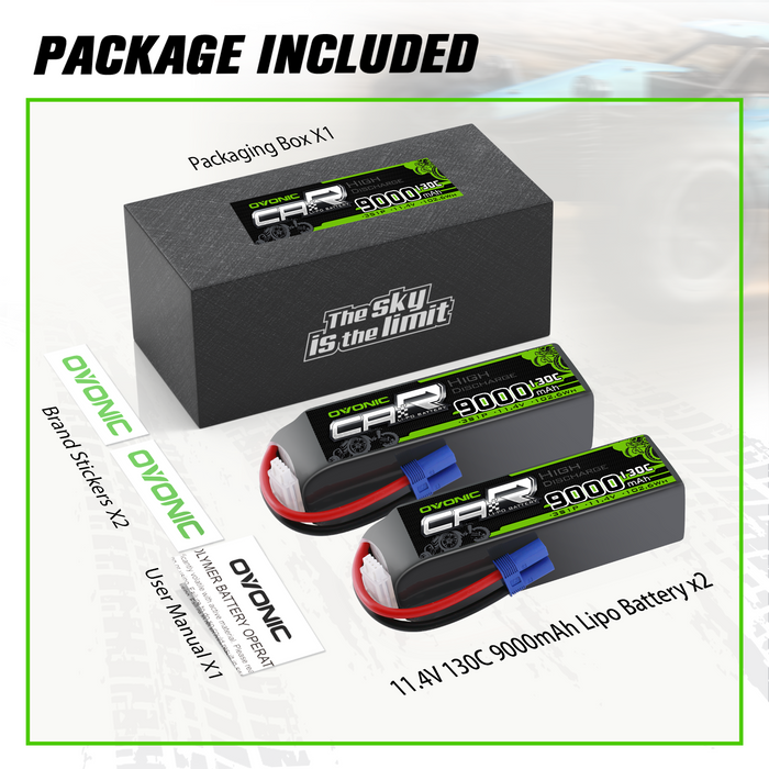 2x OVONIC 3S LiPo Battery 9000mAh 11.4V High Voltage 130C RC Battery with EC5 Plug Soft Case for For 1/8 & 1/10 RC Trucks & Racing - Ovonicshop
