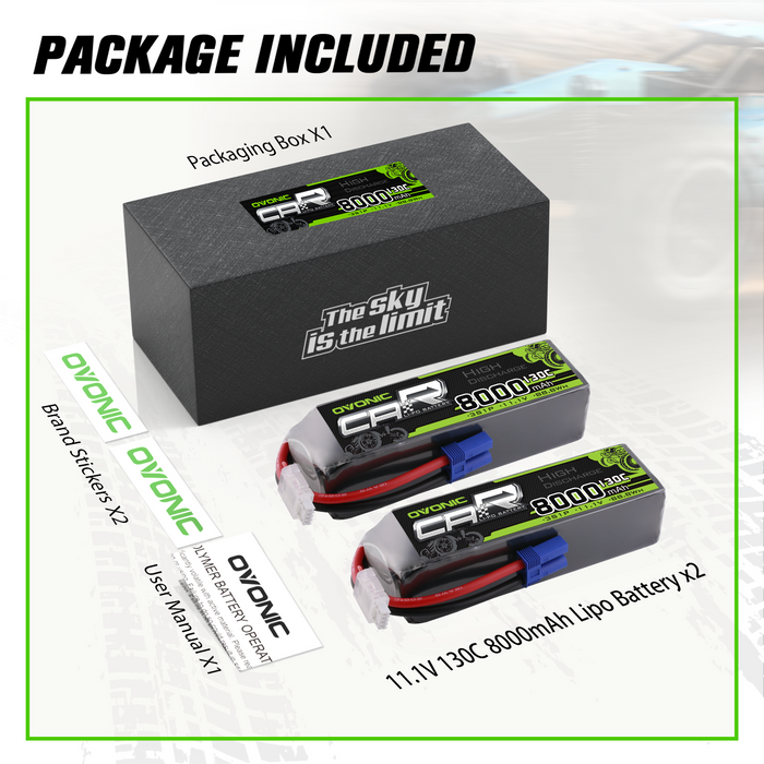 2x OVONIC 2S 8000mAh 7.4V 130C Lipo Battery with EC5 Connector for RC cars, Trucks, Boats, and Airplanes