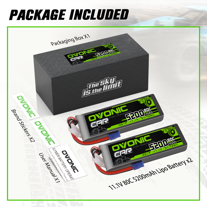 2x Ovonic 80C 3S1P 5200mAh 11.1V LiPo Battery for RC Car - EC3 Plug