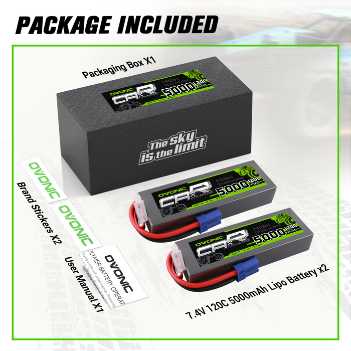 2x Ovonic 7.4V 120C 5000mAh 2S LiPo Battery with EC5 plug for 1/8 & 1/10 scale RC Vehicle