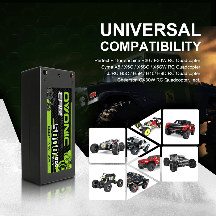 Ovonic 100C 7.4V 5000mAh 2S2P Hardcase Shorty LiPo Battery with 4mm Bullet for 1/10 RC Buggy Truck