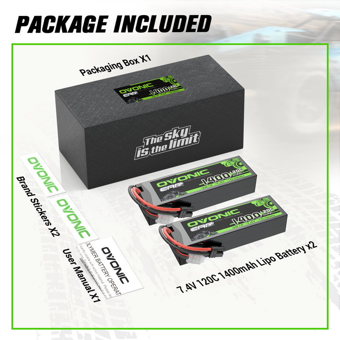 2x OVONIC 2S1P 1400mAh 120C 7.4V Lipo Battery with IEC Plug for RC Car Boat RC Aircraft