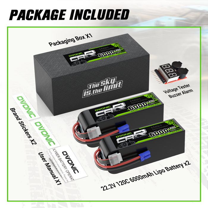 2 x OVONIC 6S Battery 6000mAh 22.2V 120C Lipo Battery with EC5 Connector & Lipo Voltage Checker for 1/8 Scale RC Car & Truck Boat RC Airplane RC Racing