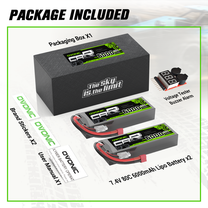 2X Ovonic 7.4V 80C 6000mAh 2S LiPo Battery T Plug with Battery Voltage Tester