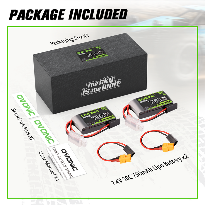 2×Ovonic 750mAh 2S1P 50C 7.4V RC CAR Lipo Battery With TRX Plug for 1/18 Monster Truck RC Car Trucks