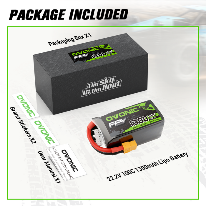 2x OVONIC 1300mAh 6S 22.2V 100C LiPo Battery for FPV Freestyle - XT60 - Ovonicshop