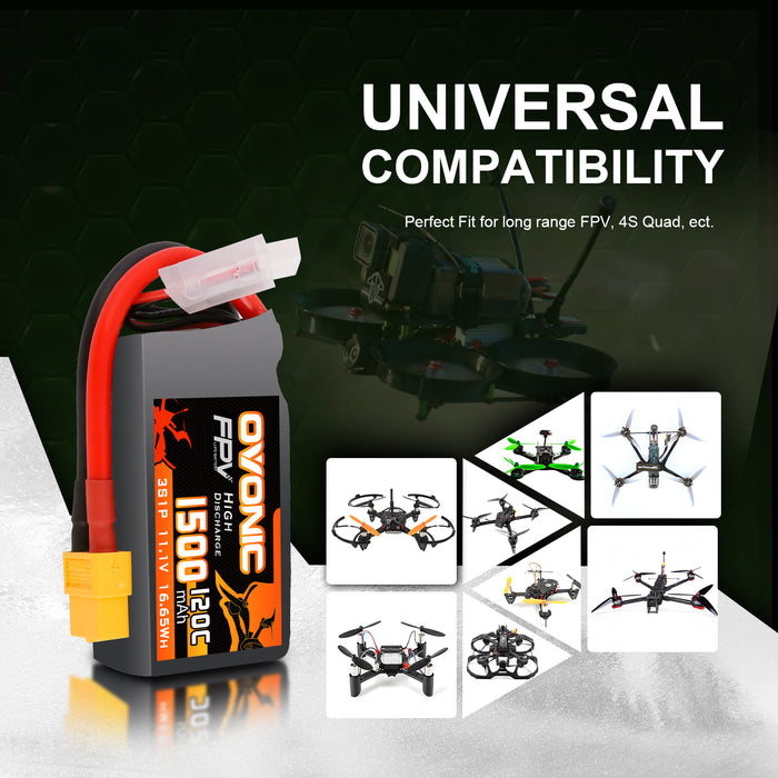 (Pre-Sale) 2x OVONIC 11.1V 120C 3S 1500mAh Lipo Battery XT60 for Drone FPV Quad Crawler