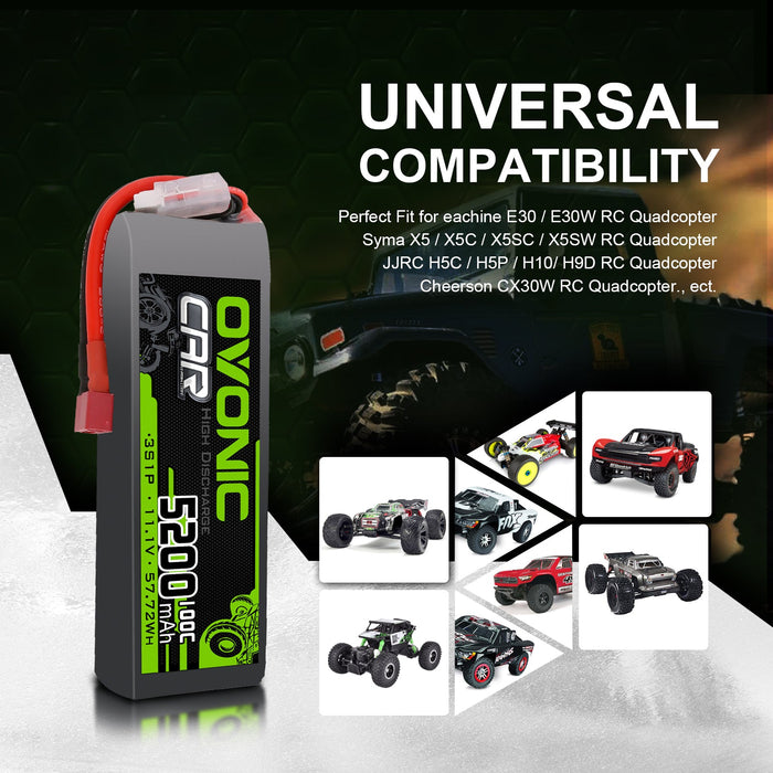 2x Ovonic 100C 3S1P 5200mAh 11.1V LiPo Battery for RC Car - T Plug