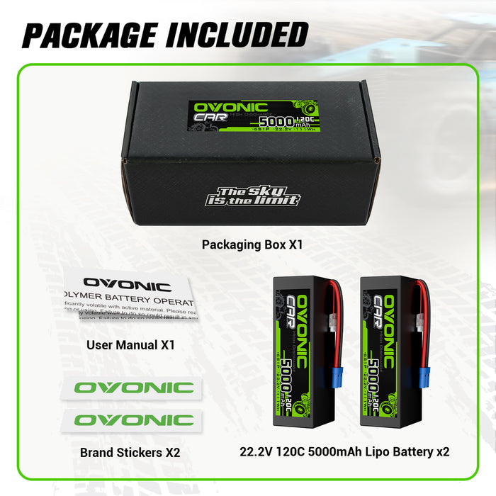 2x Ovonic 5000mah 6S 22.2V 120C Hardcase Lipo Battery Pack for Aircraft Car SENTON 6S - EC5 Plug - Ovonicshop