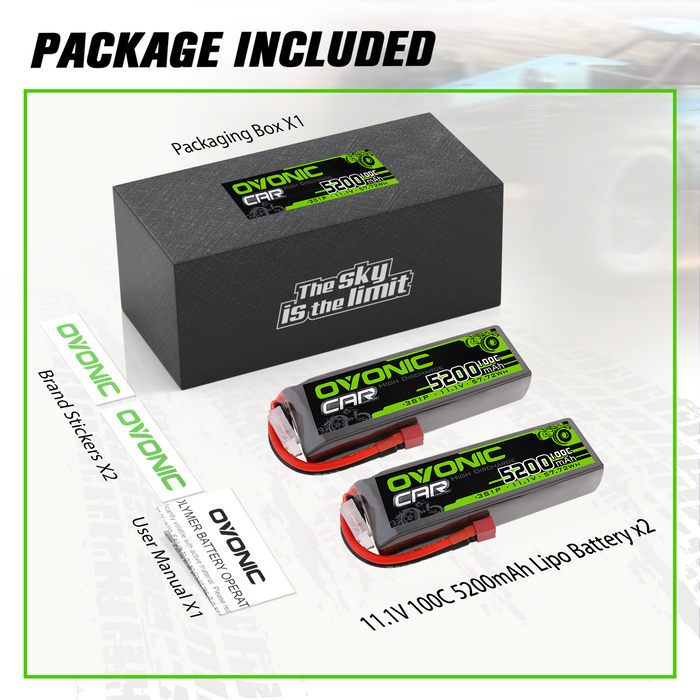 2x OVONIC 7.4V 100C 2S 5200mAh Lipo Battery T Plug For 1/10 RC Car Truck Boat