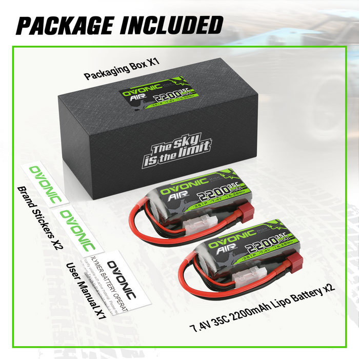 2x Ovonic 2S 2200mAh 35C 7.4V Short LiPo Battery for Aircraft Drone - T Plug for RC Airplanes & 1/14 Scale RC Cars