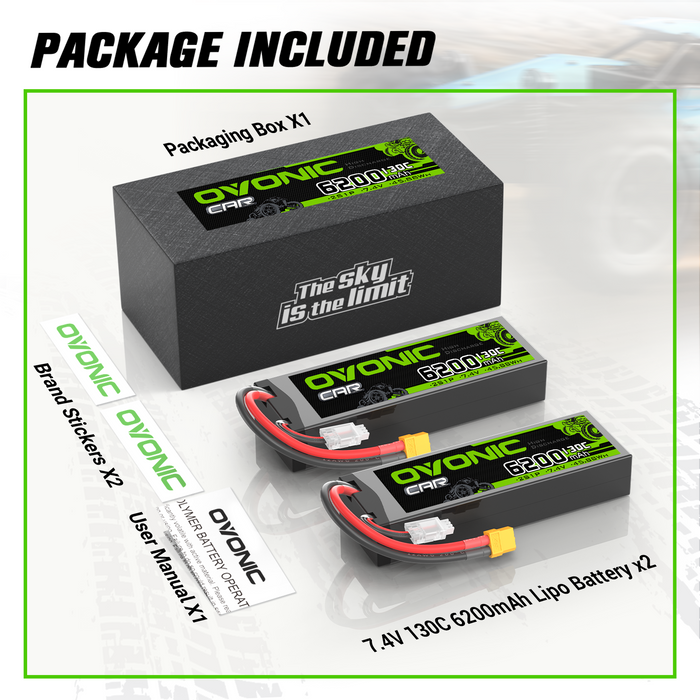 2x OVONIC 6200mAh 2S 7.4V 130C LiPo Battery with XT60 to TRA Plug for 1/10 Scale RC Car Truck Buggy