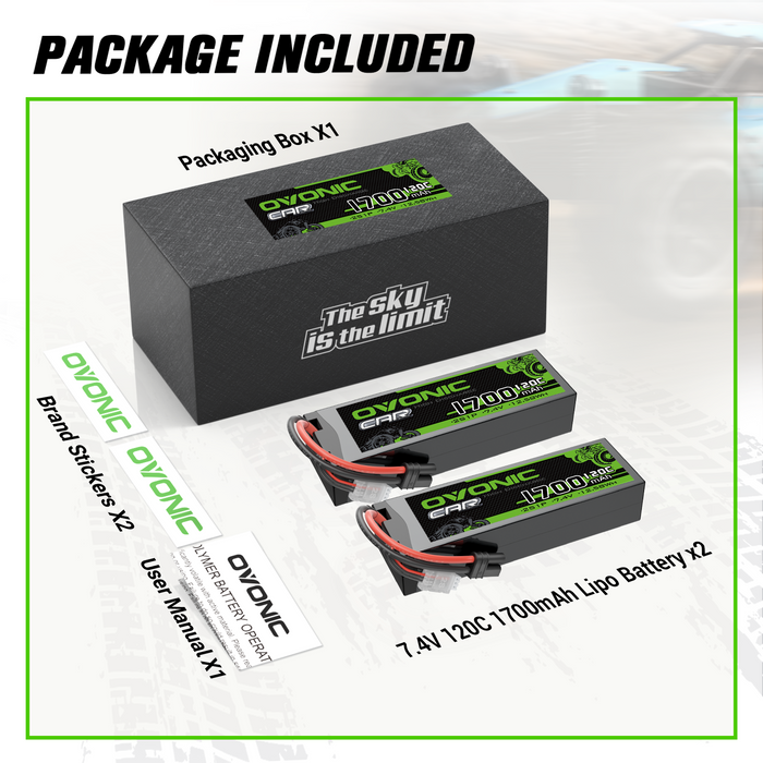 2x OVONIC 1700mAh 120C 7.4V Lipo Battery with IEC Plug for 2S RC Vehicle 1/10 Scale RC Car Truck