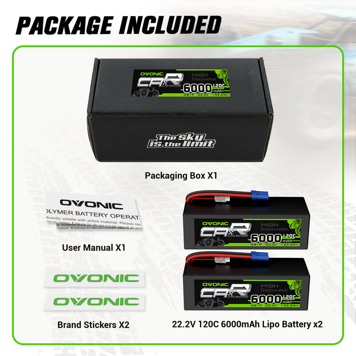 2 x OVONIC 6S Battery 6000mAh 22.2V 120C Hardcase Lipo Battery with EC5 Connector for 1/8 Scale RC Car & Truck Boat RC Airplane RC Racing - Ovonicshop