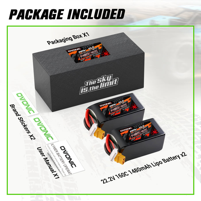 2x Ovonic 6S 1480mAh 160C 22.2V LiPo Battery with XT60 Plug