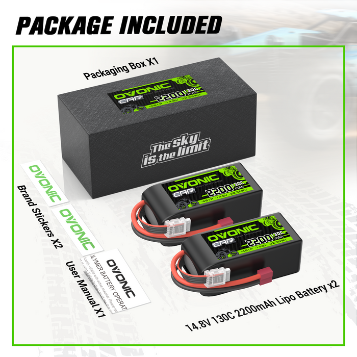 2x OVONIC 4S 2200mAh 14.8V 130C Shorty Lipo Battery with T Plug for 1/10 scale RC Car Truck Airplane