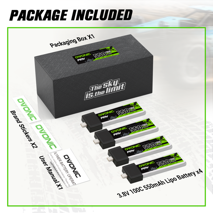 4×OVONIC 1S Lipo Battery 550mAh 1S1P 100C 3.8V LiHV LiPo Battery with BT2.0 Plug for 1S Tinywhoop 75mm FPV Drone
