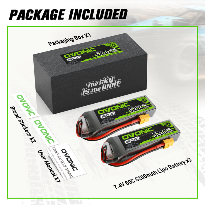 2× OVONIC 2S Lipo Battery 5200mAh 80C 7.4V RC Lipo Battery with XT60 Plug for 1/8 1/10 RC Vehicles Car Slash RC Buggy Truggy RC Airplane - Ovonicshop