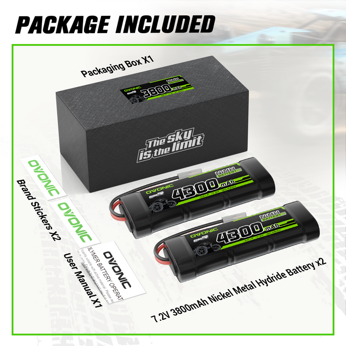 2 × OVONIC 7.2V 3800mAh NiMH Battery Pack 6-Cell with Tamiya Plug for 1/10 RC Cars & Trucks