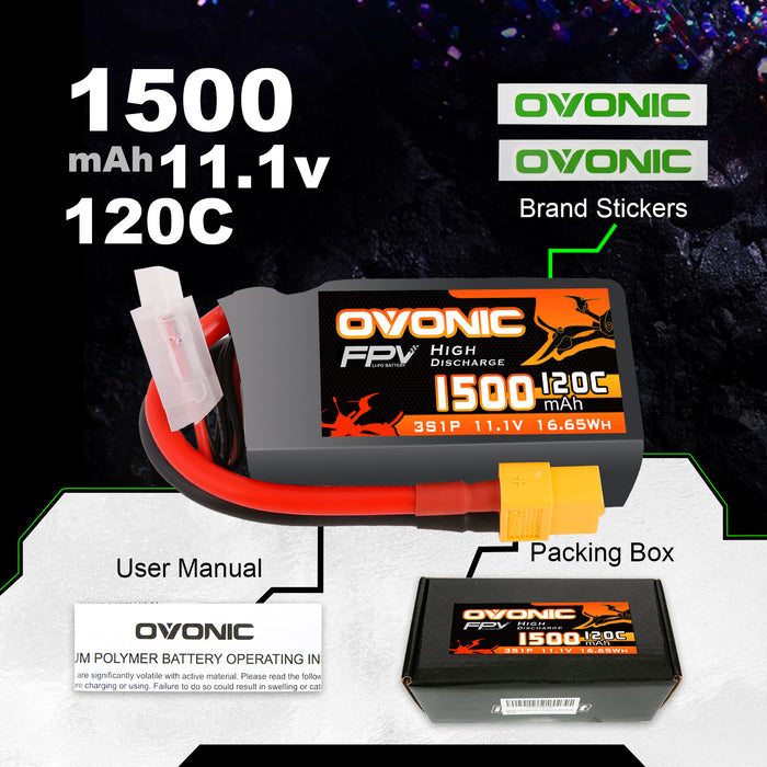 (Pre-Sale) 2x OVONIC 11.1V 120C 3S 1500mAh Lipo Battery XT60 for Drone FPV Quad Crawler