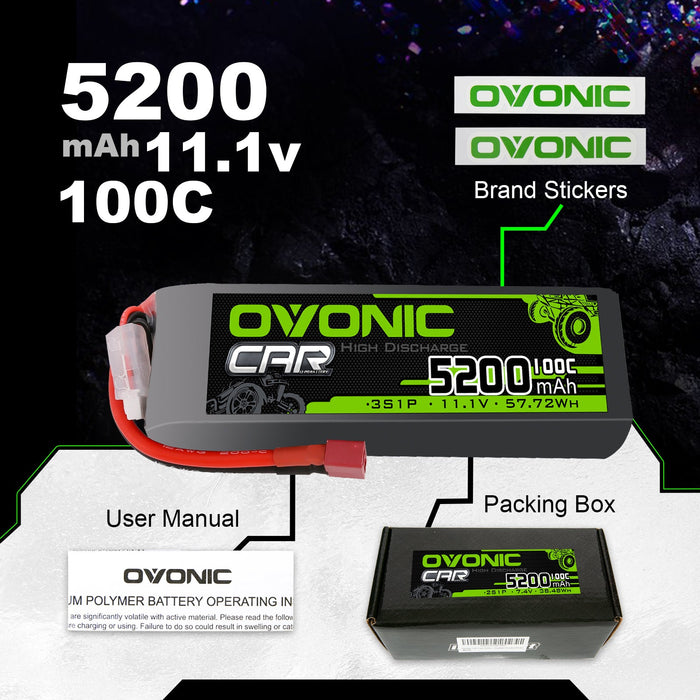 2x Ovonic 100C 3S1P 5200mAh 11.1V LiPo Battery for RC Car - T Plug