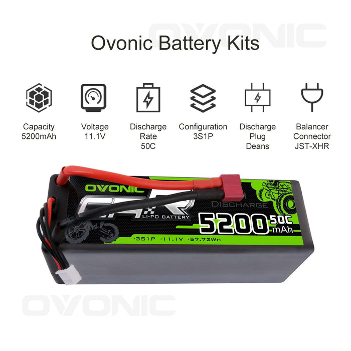 OVONIC 11.1V 3S 5200mAh 50C Hardcase Lipo Battery 13# with T Plug for RC Car Trucks - Ovonicshop