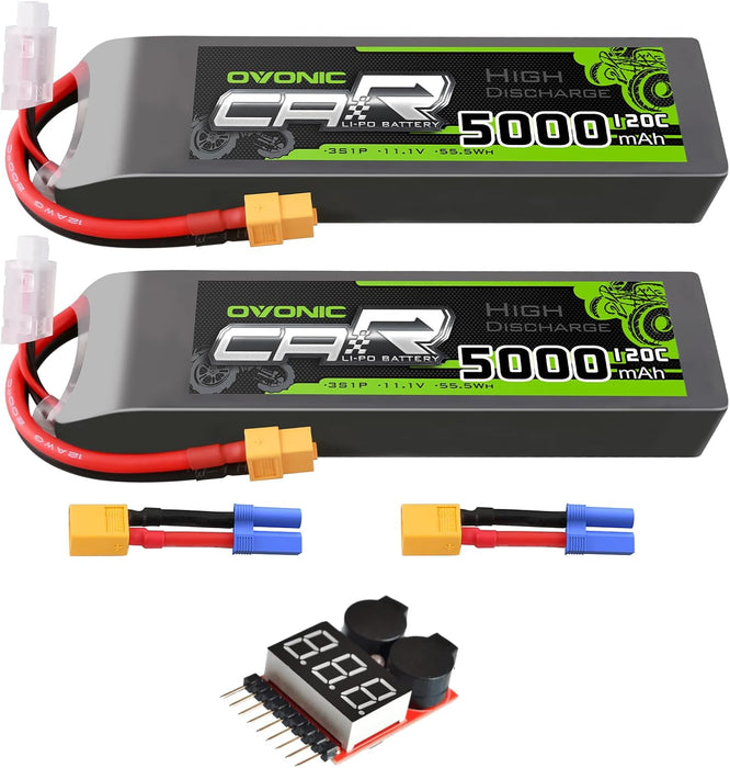 2x OVONIC 11.1V 120C 5000mAh 3S Lipo Battery with EC5 Plug & Lipo Voltage Checker for 1/8 & 1/10 Scale RC Car Truck Boat RC Airplane Helicopter RC Vehicles