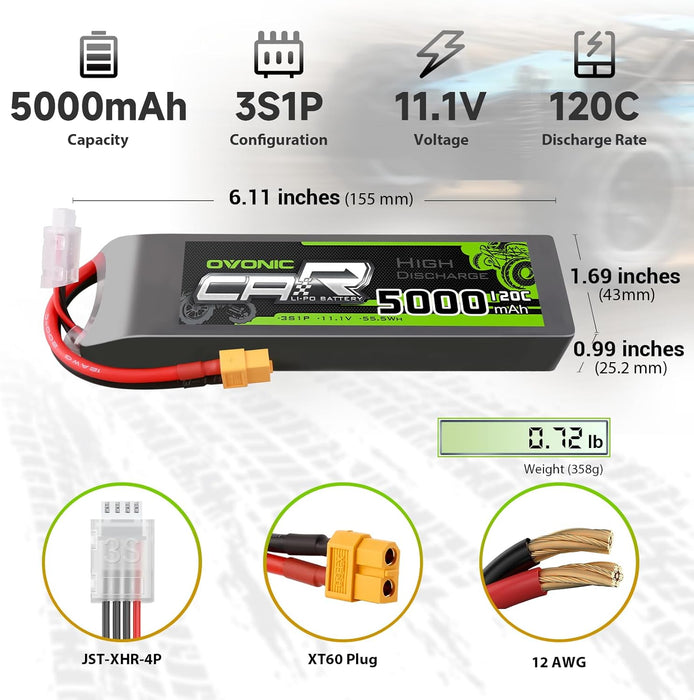 2x OVONIC 11.1V 120C 5000mAh 3S Lipo Battery with EC5 Plug & Lipo Voltage Checker for 1/8 & 1/10 Scale RC Car Truck Boat RC Airplane Helicopter RC Vehicles