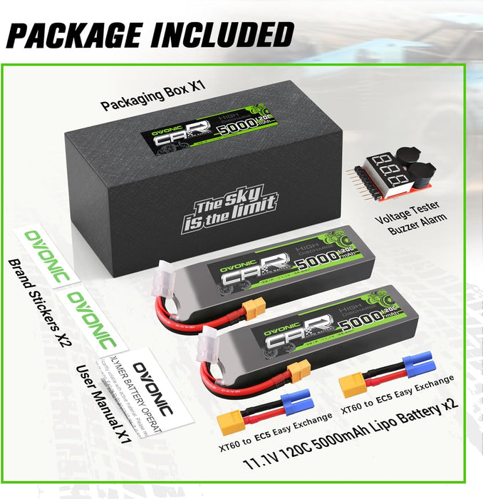 2x OVONIC 11.1V 120C 5000mAh 3S Lipo Battery with EC5 Plug & Lipo Voltage Checker for 1/8 & 1/10 Scale RC Car Truck Boat RC Airplane Helicopter RC Vehicles