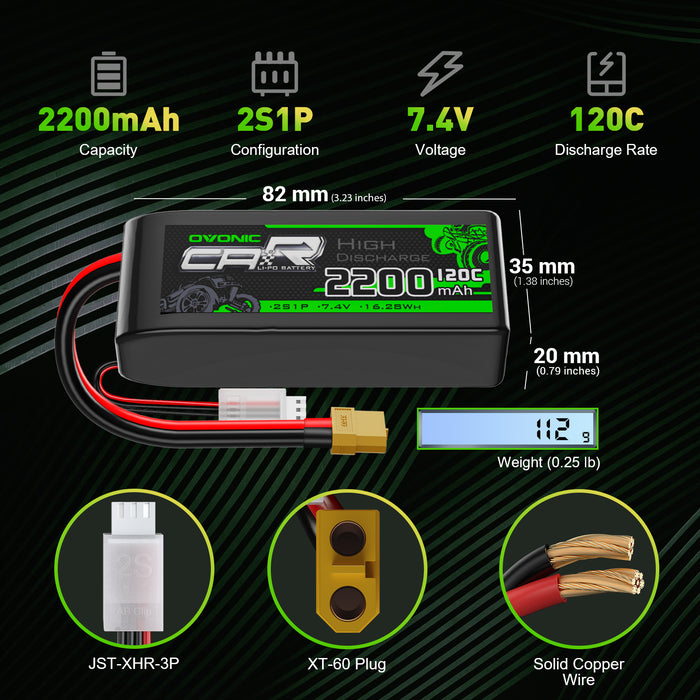 2x Ovonic 2S Lipo Battery 2200mAh 120C 7.4V RC CAR Lipo Battery With XT60 to TRA for 1/16 Slash E-Revo RC Car RC Truck