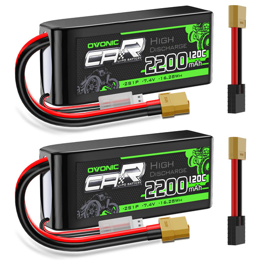 2xOvonic 2S Lipo Battery 2200mAh 120C 7.4V RC CAR Lipo Battery With XT60 to TRA for 1/16 Slash E-Revo RC Car RC Truck