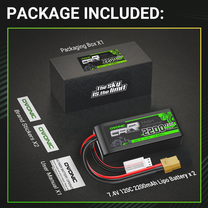 2x Ovonic 2S Lipo Battery 2200mAh 120C 7.4V RC CAR Lipo Battery With XT60 to TRA for 1/16 Slash E-Revo RC Car RC Truck