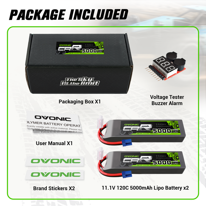 2x OVONIC 11.1V 120C 5000mAh 3S Lipo Battery with EC5 Plug & Lipo Voltage Checker for 1/8 & 1/10 Scale RC Car Truck Boat RC Airplane Helicopter RC Vehicles