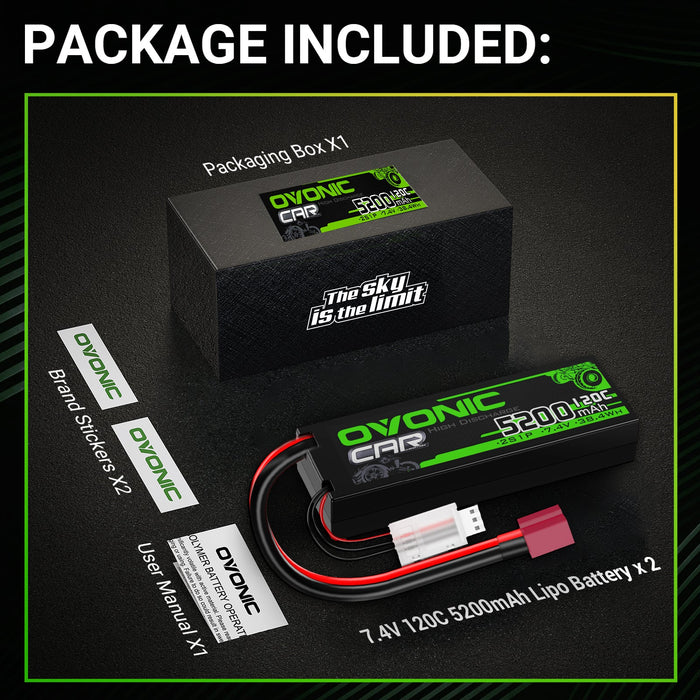 OVONIC 5200mAh 2S 7.4V 120C Hardcase Lipo Batteries Pack for 1:8 1:10 RC Car - T plug