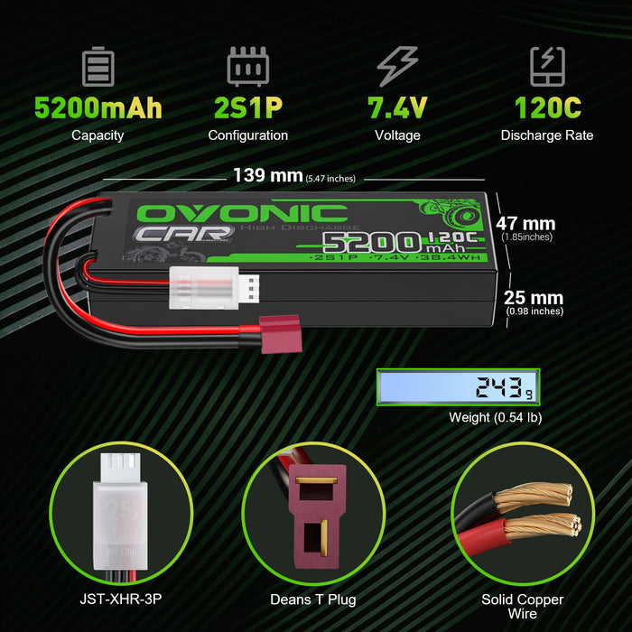 OVONIC 5200mAh 2S 7.4V 120C Hardcase Lipo Batteries Pack for 1:8 1:10 RC Car - T plug