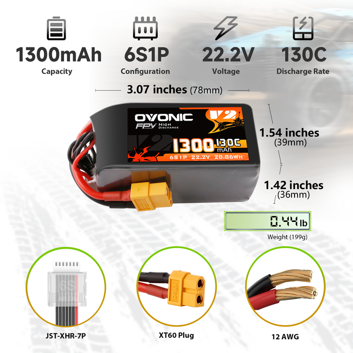 Ovonic 6S1P 1300mAh 130C LiPo Battery 22.2V with XT60 Plug for FPV Racing Drone - Ovonicshop