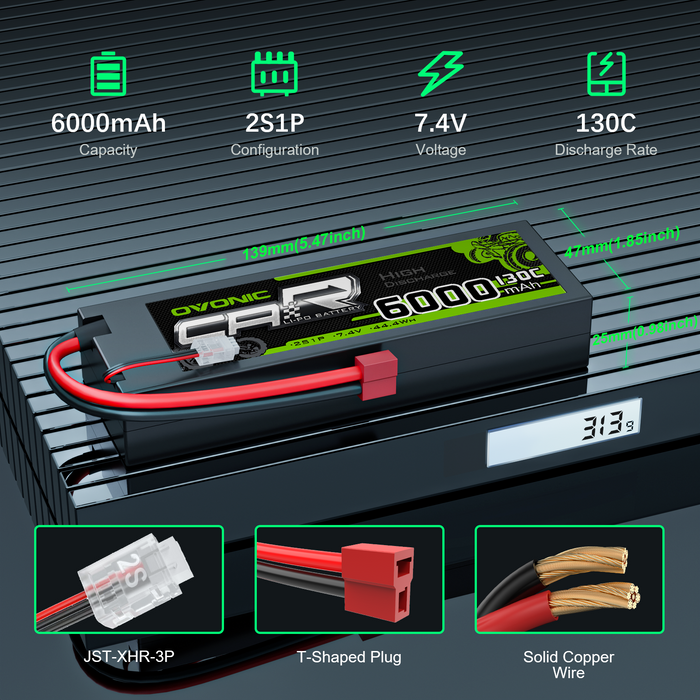 [2pcs] OVONIC 7.4V 130C 2S 6000mAh Lipo Battery with T plug For RC car buggy boat