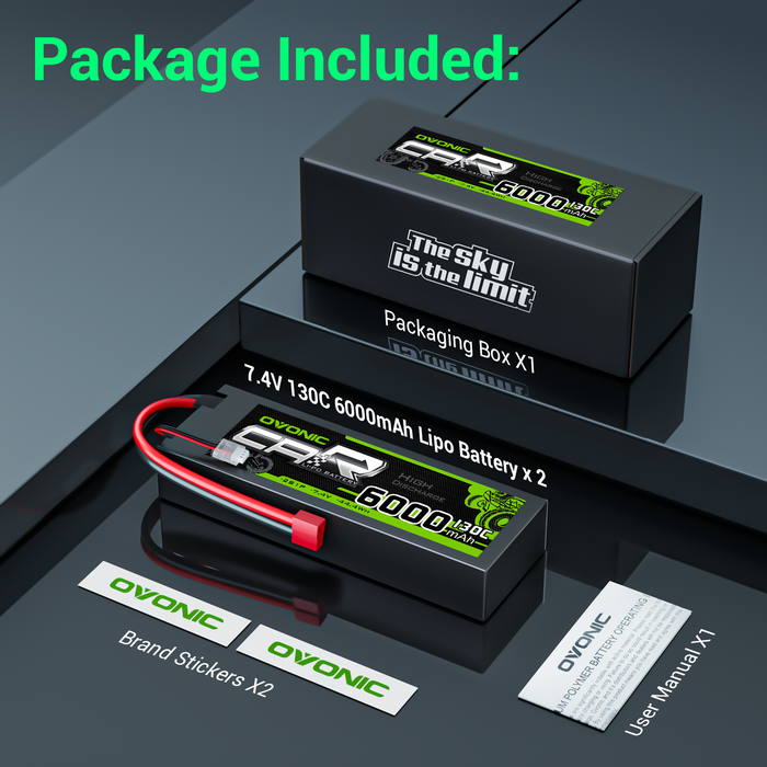[2pcs] OVONIC 7.4V 130C 2S 6000mAh Lipo Battery with T plug For RC car buggy boat
