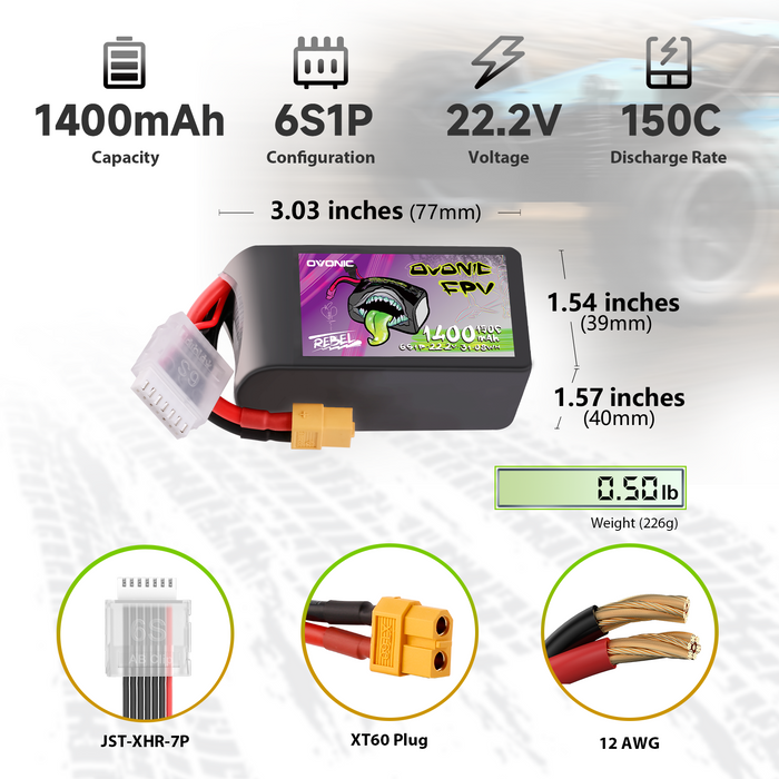 2×Ovonic Rebel 2.0 150C 6S 1400mah 22.2V Lipo Battery Pack with XT60 Plug for FPV Racing Freestyle Drone - Ovonicshop