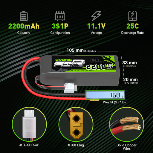OVONIC 2200mAh 11.1V 3S 25C Battery with XT60 Connector for RC Boat Airplane Heli