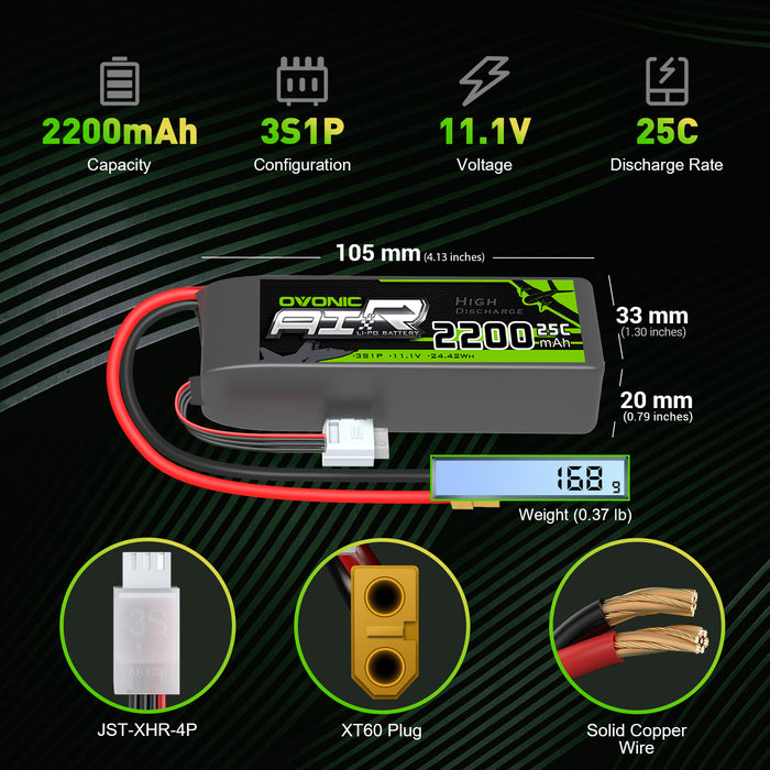 OVONIC 2200mAh 11.1V 3S 25C Battery with XT60 Connector for RC Boat Airplane Heli