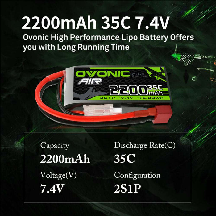 Ovonic 2S 2200mAh 35C 7.4V Short LiPo Battery for Aircraft Drone - T Plug