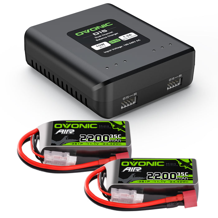 Ovonic 11.1 V 35C 2200mAh 3S1P 11.1V T Plug Lipo Battery with D15 Dual 1.2A 1-3S LiPo Charger