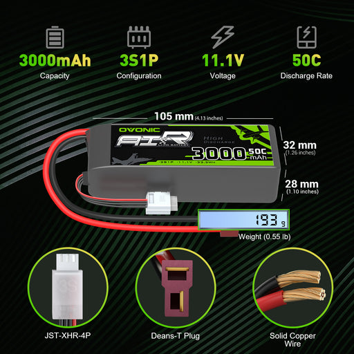 2x Ovonic 11.1V 3000mAh 3S 50C LiPo Battery Pack with T Plug for Drone Airplane Heli Car - Ovonicshop