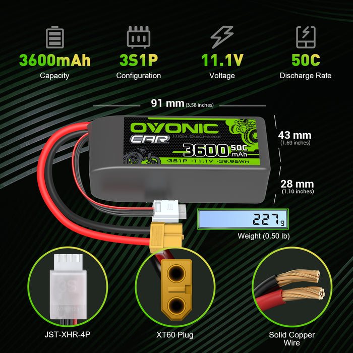 Ovonic 3S 3600mAh 50C 11.1V LiPo Battery for 1/10 Rock Crawler - XT60 & EC3 Plug