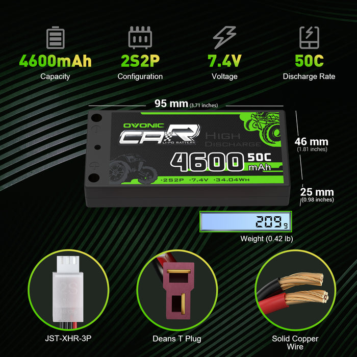 Ovonic 2S 4600mAh 7.4V 50C Hardcase Short LiPo Battery with 4mm Bullet to T/Deans for 1/10 RC Buggy - Ovonicshop