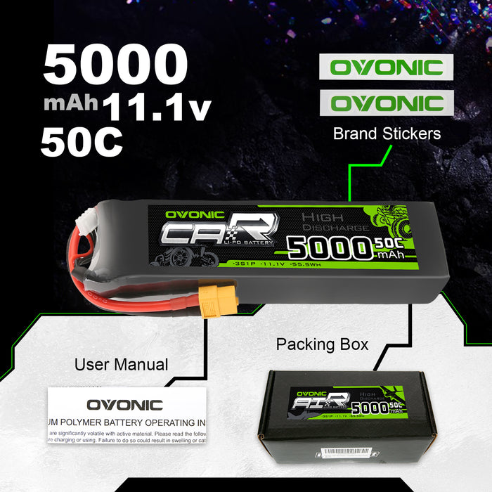 OVONIC 50C 11.1V 3S 5000mAh LiPo Battery with XT60 & Trx Plug for Slash/E-Revo/UDR/X-Maxx - Ovonicshop